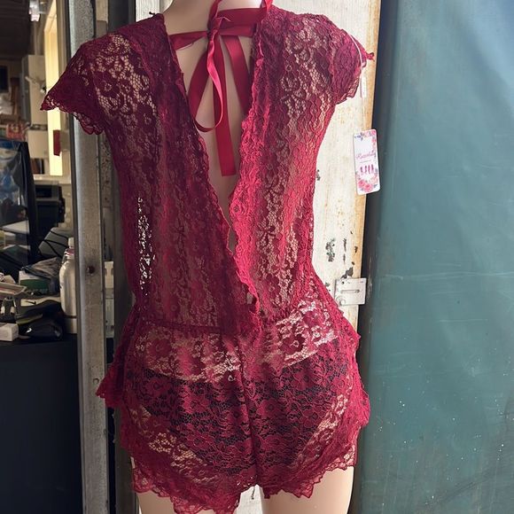 NWT-Women's Plus Tie Back Contrast Lace Plungi Neck Sleep Romper- XXL -Burgundy - Picture 3 of 7